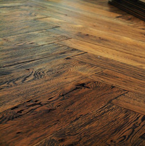 Custom Milled Reclaimed White Oak Plank Hardwood Flooring with a Herringbone Pattern