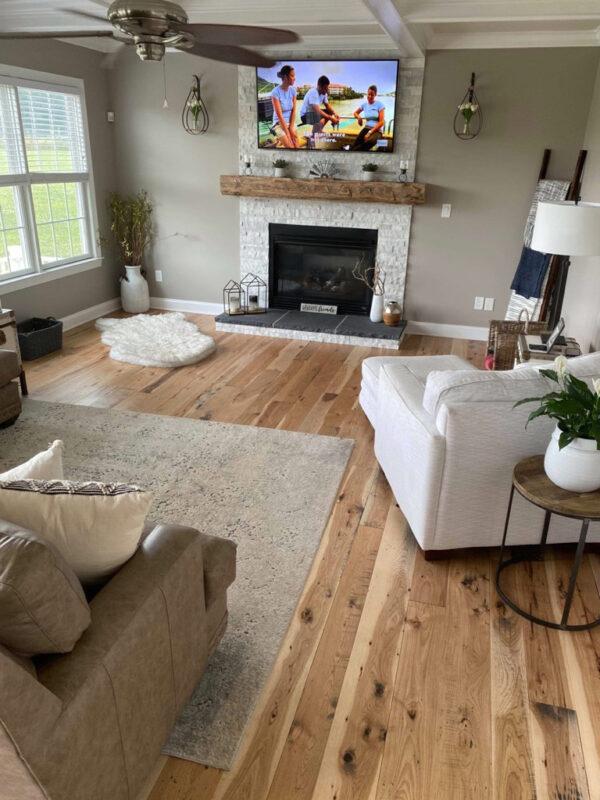 Wide Plank, Distressed, Solid Hickory Flooring with Smoke Accents and Pure Colored Hard Wax Oil Finish