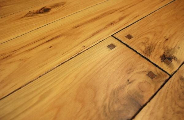 Wide Plank Hickory Floor with Hand Beveled Edges, Flush Pegs, Smoke Accents and Pure Colored Hard Wax Oil Finish