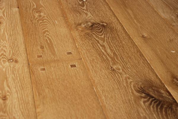 Wide Plank White Oak Flooring with Flush Square Pegs and Super White Color Hard Wax Oil Finish