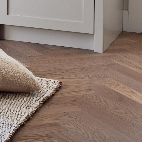 Herring Bone Pattern Parquet White oak Floor with hard wax oil finish, safe for homes and the environment